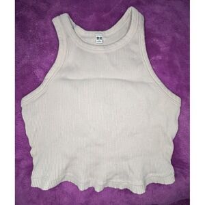 Uniqlo Knit Cropped Tank Top Shirt Womens Medium Black Sleeveless Cute Pink